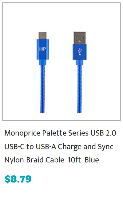 Monoprice Palette Series USB 2.0 Type-C to Type-A Charge & Sync Nylon-Braid Cable, 10ft, Blue