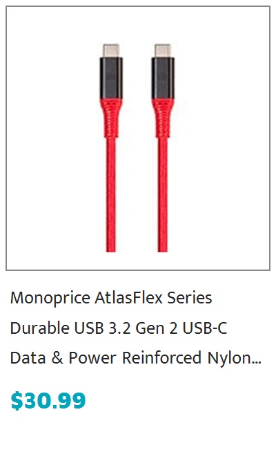 Monoprice AtlasFlex Series Durable USB 3.2 Gen 2 Type-C Data & Power Kevlar Reinforced Nylon-Braid Cable, 5A/100W, 1m, Red