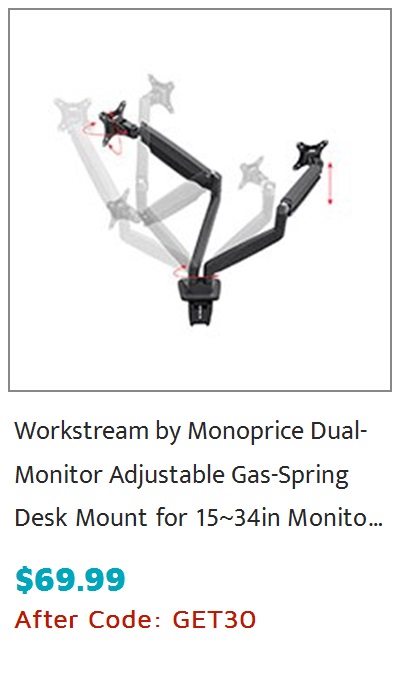 Workstream by Monoprice Dual Monitor Adjustable Gas Spring Desk Mount for 15~34in Monitors