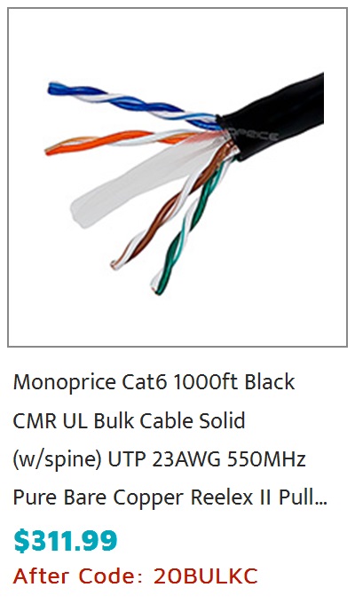 Monoprice Cat5e Ethernet Bulk Cable - Solid, 350MHz, UTP, CMR, Riser Rated, Pure Bare Copper, 24AWG, 1000ft, Blue, Reelex II (UL)(TAA)