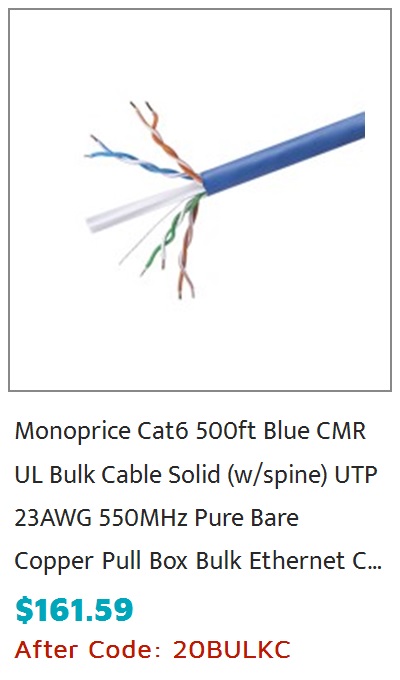 Monoprice Cat6 Ethernet Bulk Cable - Solid, 550MHz, UTP, CMR, Riser Rated, Pure Bare Copper Wire, 23AWG, 500ft, Blue, (UL)