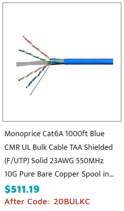 Monoprice Cat6 Ethernet Bulk Cable - Solid, 550MHz, UTP, CMR, Riser Rated, Pure Bare Copper Wire, 23AWG, 1000ft, Blue, (UL)