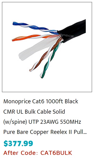 Monoprice Cat6 Ethernet Bulk Cable - Solid, 550MHz, UTP, CMR, Riser Rated, Pure Bare Copper Wire, 23AWG, 1000ft, Black, (UL)