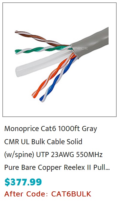 Monoprice Cat6 Ethernet Bulk Cable - Solid, 550MHz, UTP, CMR, Riser Rated, Pure Bare Copper Wire, 23AWG, 1000ft, Gray, (UL)