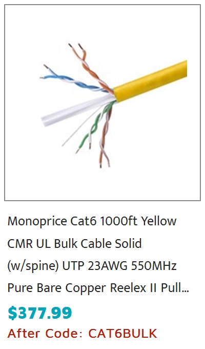 Monoprice Cat6 Ethernet Bulk Cable - Solid, 550MHz, UTP, CMR, Riser Rated, Pure Bare Copper Wire, 23AWG, 1000ft, Yellow, (UL)