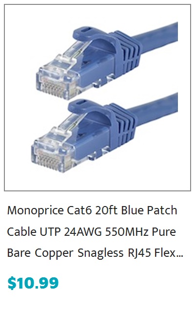 Monoprice FLEXboot Cat6 Ethernet Patch Cable - Snagless RJ45, Stranded, 550MHz, UTP, Pure Bare Copper Wire, 24AWG, 20ft, Blue