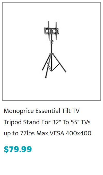 Monoprice Commercial Series Mobile Tripod Tilt TV Wall Mount Bracket Stand - For LED TVs 32in to 55in, Max Weight 77 lbs., VESA Patterns up to 400x400