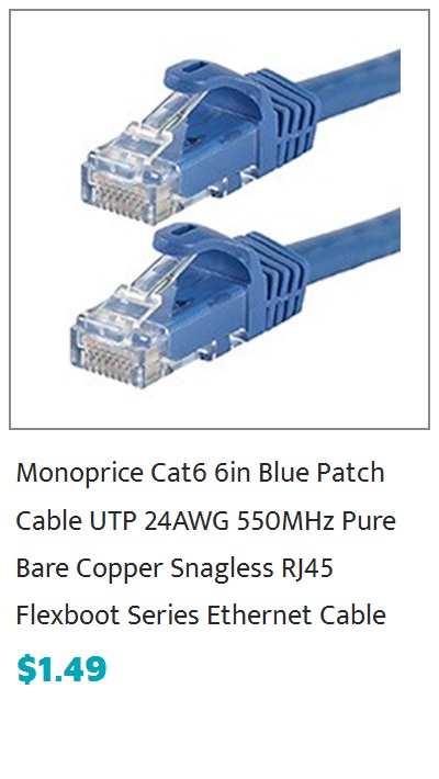 Monoprice FLEXboot Cat6 Ethernet Patch Cable - Snagless RJ45, Stranded, 550MHz, UTP, Pure Bare Copper Wire, 24AWG, 0.5ft, Blue