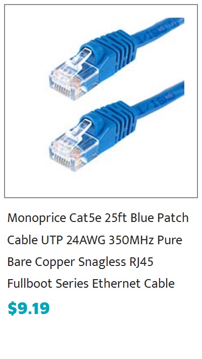 Monoprice Cat5e Ethernet Patch Cable - Snagless RJ45, Stranded, 350MHz, UTP, Pure Bare Copper Wire, 24AWG, 25ft, Blue