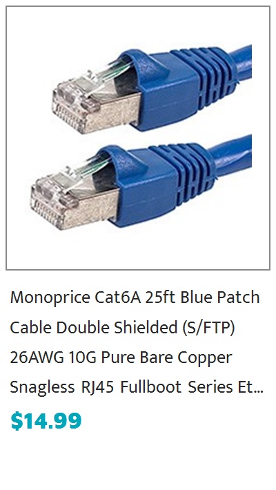 Monoprice Cat6A Ethernet Patch Cable - Snagless RJ45, Stranded, 550MHz, STP, Pure Bare Copper Wire, 10G, 26AWG, 25ft, Blue