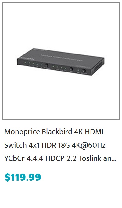 Monoprice Blackbird 4K HDMI Switch, 4x1, HDR, 18G, 4K@60Hz, YCbCr 4:4:4, HDCP 2.2, Toslink and Analog Audio Extractor