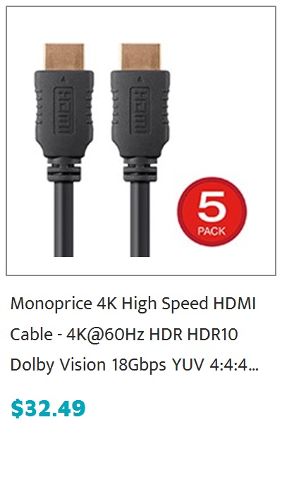 Monoprice 4K High Speed HDMI Cable 5ft - 18Gbps Black - 5 Pack