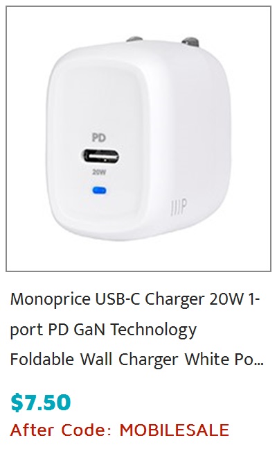 Monoprice USB-C Charger, 20W 1-port PD GaN Technology Foldable Wall Charger White, Power Delivery for MacBook Pro/Air, iPad Pro, iPhone 12/11/Pro/Max/XR/XS/X, Pixel, Galaxy, and More