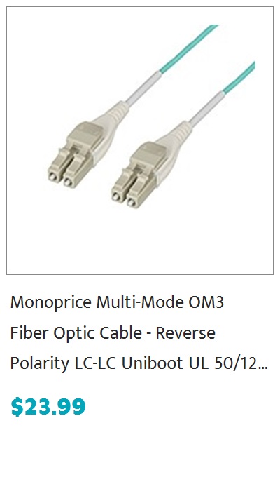 Monoprice OM3 Fiber Optic Cable - Reverse Polarity LC/LC Uniboot, UL, 50/125 Type, 10GB, Aqua, 1m, Corning