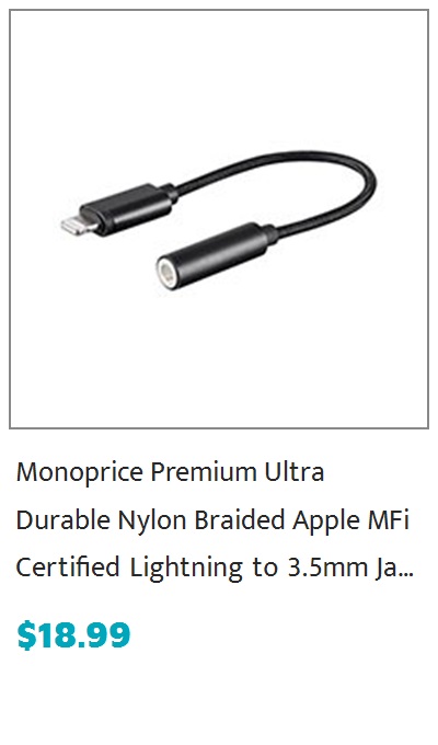 Monoprice MFi Certified Lightning to 3.5mm Audio Adapter, Nylon Braid, Black