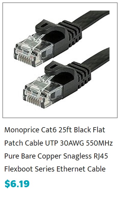 Monoprice FLEXboot Flat Cat6 Ethernet Patch Cable - Snagless RJ45, Flat, 550MHz, UTP, Pure Bare Copper Wire, 30AWG, 25ft, Black