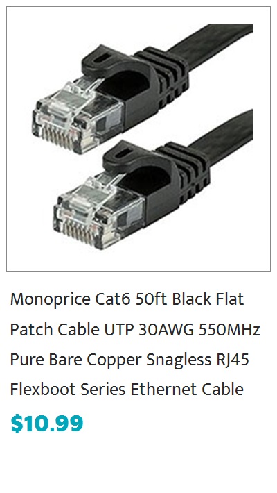 Monoprice FLEXboot Flat Cat6 Ethernet Patch Cable - Snagless RJ45, Flat, 550MHz, UTP, Pure Bare Copper Wire, 30AWG, 30ft, Black