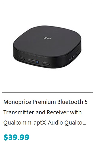 Monoprice Premium Bluetooth 5 Transmitter and Receiver with Qualcomm aptX Audio, Qualcomm aptx HD Audio, Qualcomm aptX Low Latency Audio, AAC, and SBC Codecs, and Optical and Aux Inputs