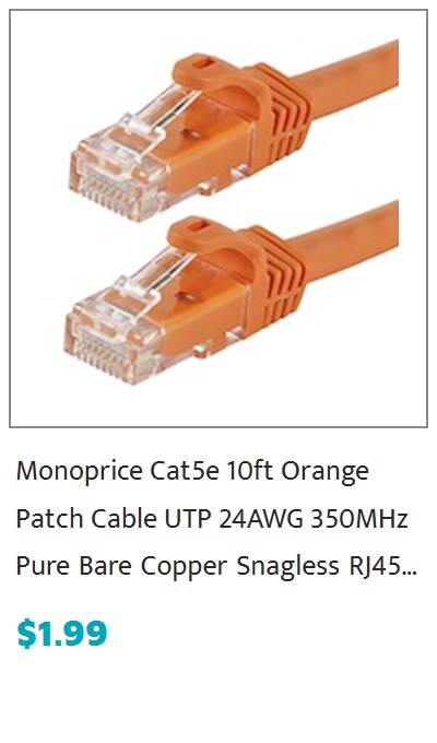  Monoprice FLEXboot Cat5e Ethernet Patch Cable - Snagless RJ45 Stranded 350MHz UTP Pur... $10.99 $19:99 Save $9.00 45% 